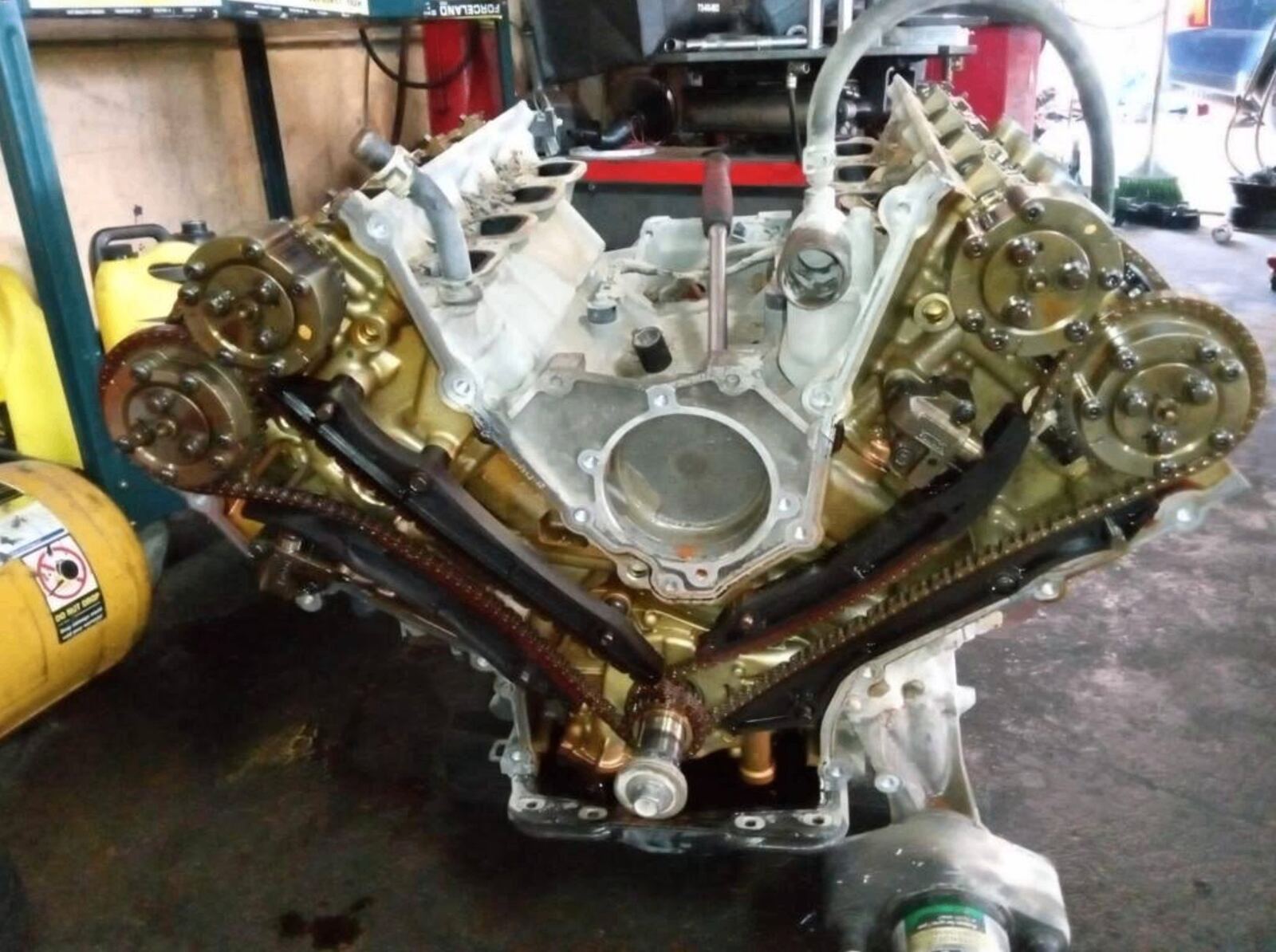 V6 engine timing chain rebuild in progress